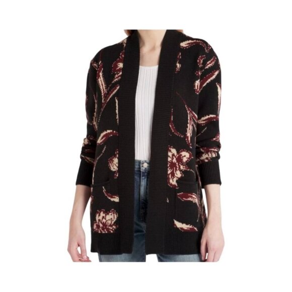 Les Serein Cardigan Size L Black Burgundy Ivory Floral Chunky Knit StitchFix New - Picture 2 of 11